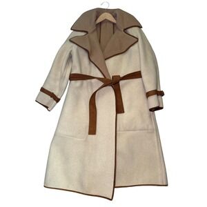 Vintage Cream Wool Blend Wrap Coat Brown Faux Suede Trim Belted Trench Overcoat